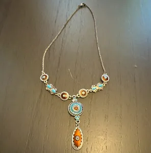 Authentic Gold Plated Cable Chain Necklace Oval Charm Pendant Gold/Turquoise/Orange Boho