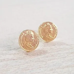 Authentic Vintage style Boho Chic 14K Gold Plated Stud queen old coin earrings Israel made