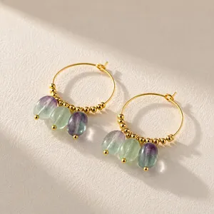Authentic Natural Fluorite Drop Hoop Earrings | 18K Gold Plated | Clarity & Balance | Boho