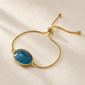 Authentic Natural Blue Apatite Oval Crystal Charm Bracelet | 18K Gold Plated | Boho