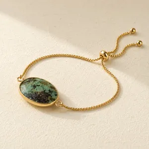 Authentic African Turquoise Oval Crystal Charm Bracelet | 18K Gold Plated | Vintage Boho