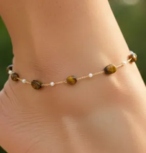 Authentic Mystic Boho Anklet: Tiger Eye & Pearl Radiance