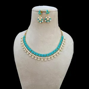 Authentic Boho Turquoise Pearl Necklace Set 22k Gold Plated Ethnic Wedding Jewelry for Her