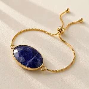 Authentic Natural Sodalite Oval Crystal Charm Bracelet | 18K Gold Plated | Boho Vintage