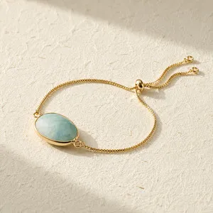 Authentic Natural Amazonite Oval Crystal Charm Bracelet | 18K Gold Plated | Vintage Boho