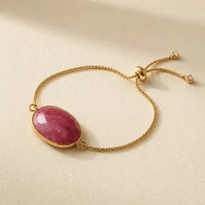 Authentic Natural Rhodonite Oval Crystal Charm Bracelet | 18K Gold Plated | Vintage Boho