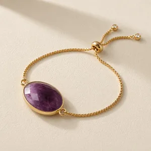 Authentic Natural Amethyst Oval Crystal Charm Bracelet | 18K Gold Plated | Vintage Boho