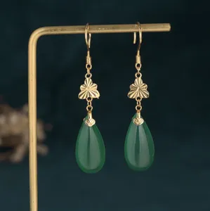 Authentic Jade Drop Dangle Earrings Flower Gemstone Boho Minimalist Hook 18K Gold Plated