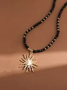 Authentic Boho Gold Plated Sunflower CZ Pendant Black Crystal Bead Chain Choker Necklace