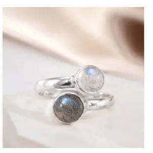 Authentic Celestial Embrace: The Moonstone Labradorite Open Wrap Ring