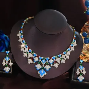 Authentic Boho Gold Plated Chandelier Earrings Necklace Women Zirconia Wedding Jewelry Set