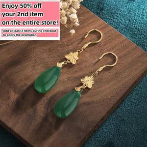 Authentic Green Jade Teardrop Dangle Earrings Floral Boho 18K Gold Plated Gemstone Hooks