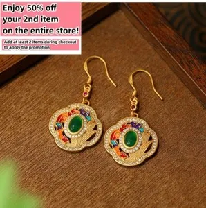 Authentic Green Jade Enamel Crystal Dangle Earrings Boho Flower Gemstone 18K Gold Plated