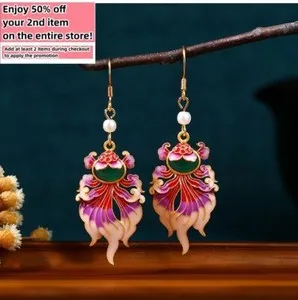 Authentic Jade Enamel Pearl Dangle Earrings Boho Goldfish Dainty Gemstone 18K Gold Plated