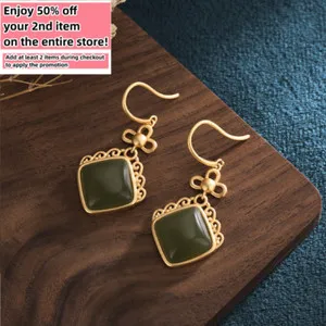 Authentic Jade Drop Dangle Earrings Flower Gemstone Boho Minimalist Hook 18K Gold Plated