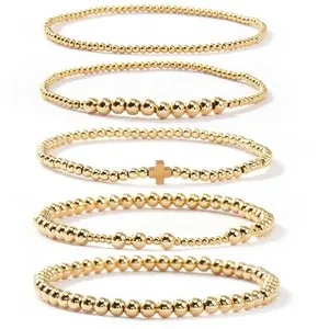 Authentic SHINUS BOHO 5Pcs 14K Gold Plated Cross Beaded Bracelets Stack Set for Women,S...