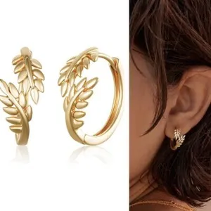 Authentic Anthropologie Boho 14K Gold Plated Olive Leaf Hoop Stud Earrings Jewelry