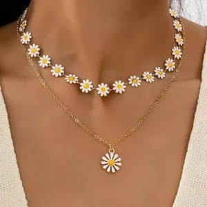 Authentic 18K Gold Plated Layered Daisy Flower Necklace Set 2 Piece Boho Women