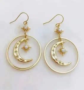 Authentic Boho Opal Set Sun and Moon Hanging Round Gold Plated Dangle Earrings