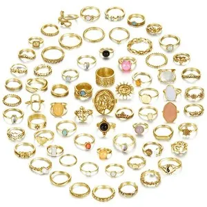 Authentic 70 Pcs Vintage Crystal Stackable Ring Set for Women | 14K Gold Plated Boho Knuck