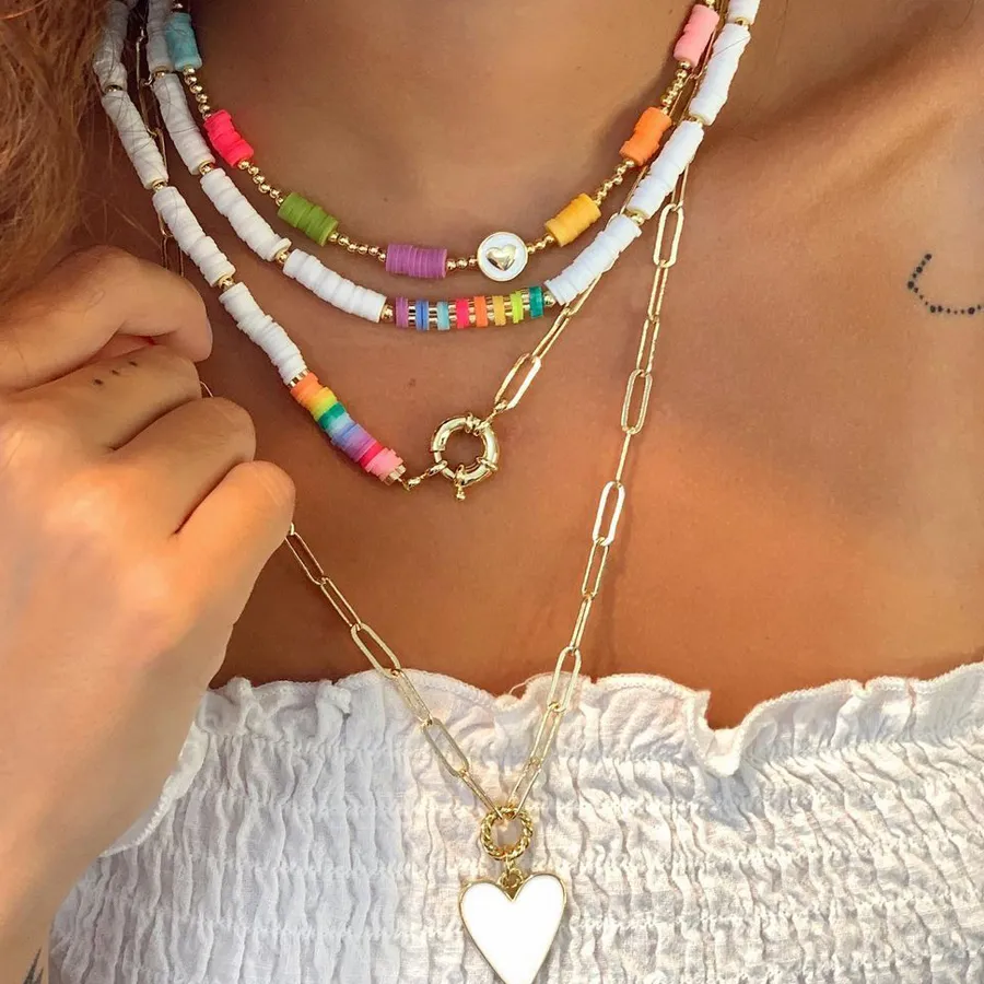 Authentic KKBEAD Heart Pendant Chain Necklace for Women Boho Bohemia Polymer Clay Heishi Dis Bead Necklace Choker Jewelry