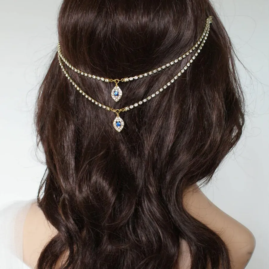 Authentic Gorgeous Lady Wedding Hair Comb Chain Water Drop Boho Tiara Accessories Charming Pendant Rhinestone Headdress Jewelry for Bridal