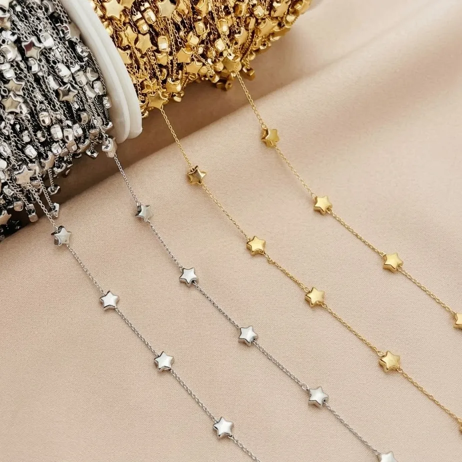 Authentic 1meter 6mm Heart Star Beads Chain with Gold Cable Link Jewelry Chain for Making Bracelet Necklace Sewing DIY Crafts