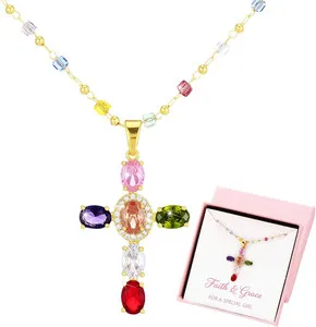 Authentic Colorful Cross Necklace for Women Girl 14K Gold Plated Rainbow Rhinestones