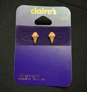 Authentic Claire’s 18K Gold Plated Pink Crystal Ice Cream Cone Stud Earrings Girl Ice Crea