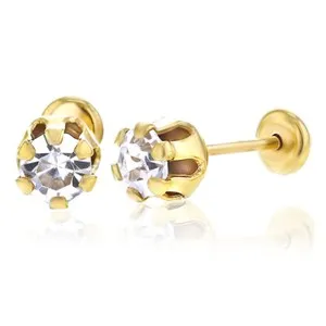 Authentic 18k Gold Plated CZ Clear Crystal Prong Set Stud Earrings Children's Girl Lady