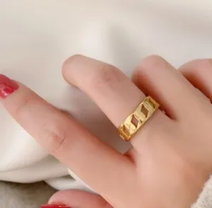 Authentic Women / Girl Gold Plated Titanium Gold Cuban Link Chain Ring 6-9