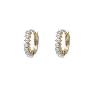 Authentic Women Girl 18K Gold Plated Small Pearl Huggie Hoop Earrings 10mm I19