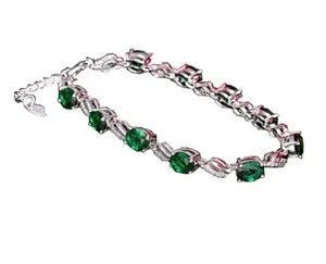 Authentic Emerald Radiance: 18K White Gold Plated Green CZ Chain Bracelet - 8" G16