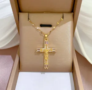 Authentic Women Girl CZ Cross Jesus Pendant Necklace 18K Gold Plated AG