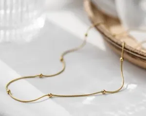 Authentic Women Girl Gold Plated Titanium Gold Bead Chain Necklace 16-18"