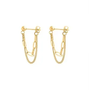 Authentic Woman Gold Plated Two Layers Hollow Box Link Chain Earring Stud