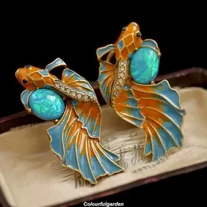 Authentic Vintage Fish style Enamel Rhinestone Gold plated earring for woman