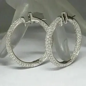 Authentic 3Ct Round Cut Real Moissanite Woman's Huggie Hoop Earrings 14K White Gold Plated