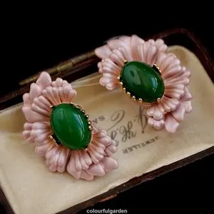 Authentic Vintage Pink Natural Stone Enamel Gold plated Flower Style earring for woman