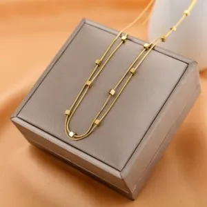 Authentic Woman 18K Gold Plated Cubes 2 Layers Necklace Chain
