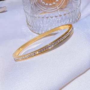 Authentic Woman 18K Gold Plated Starry Cubic Zircon Oval Bracelet Bangle