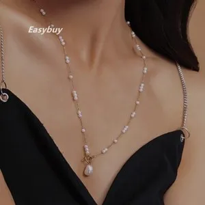 Authentic Woman 18K Gold Plated Pure Nature Freshwater Pearl Charm Chain Necklace Toggle