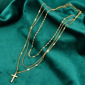 Authentic Woman Gold Plated Triple Layers Cross Rolo link Chain