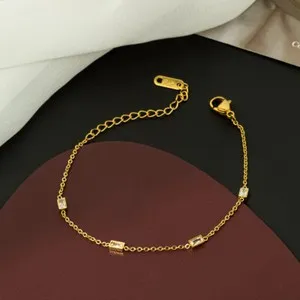 Authentic Woman 18K Gold Plated CZ Square Charm Thin Bracelet Bangle