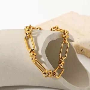 Authentic Woman 18K Gold Plated Thick Rolo Link Paper Clip Bracelet 7.9''