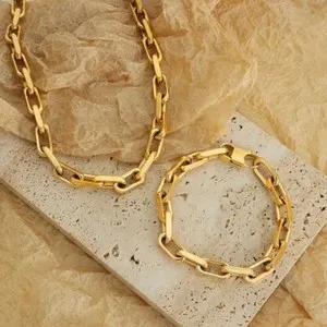 Authentic 7.5mm Woman 18k Gold Plated Solid Link Paper Clip Necklace Bracelet Anti-tarnish