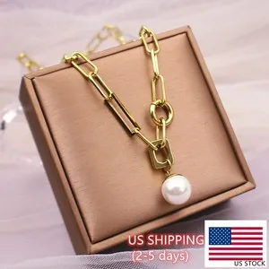 Authentic Woman 18K Gold Plated Pearl Round Charm Rolo Link Chain Necklace