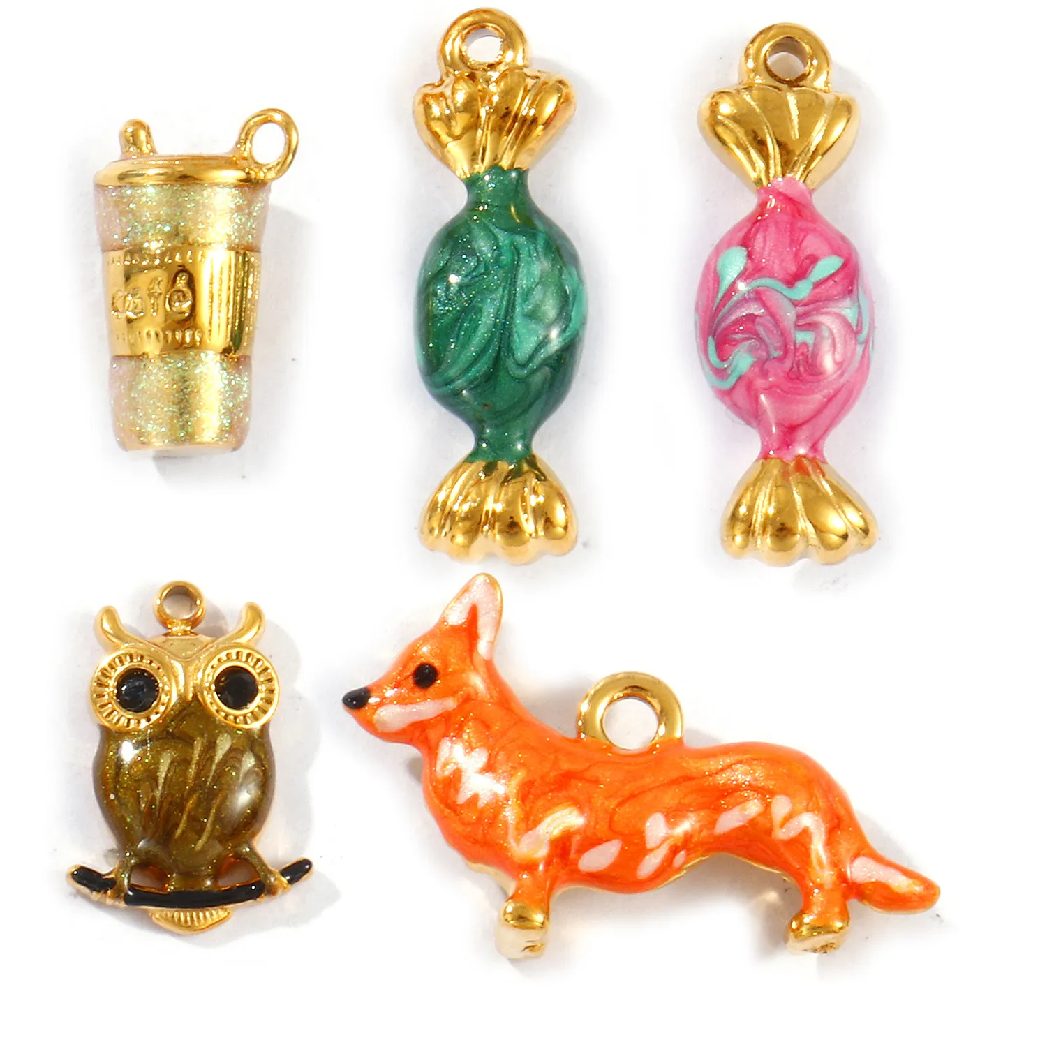 Authentic 2 PCs Waterproof 304 Charms 18K Gold Plated Enamel 3D Fox Owl Candy Pendants For DIY Necklace Jewelry Making