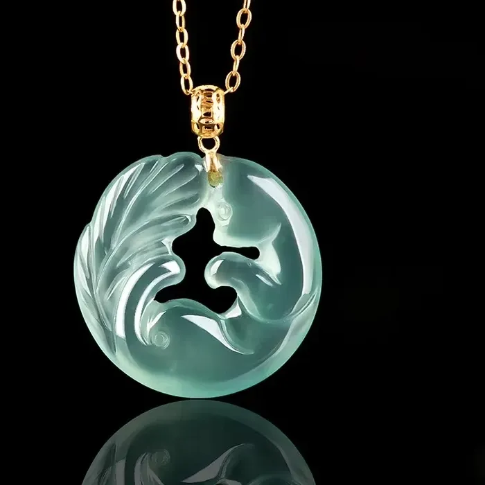 Authentic Authentic Natural Jadeite Blue Water Nine-tail Fox Pendant 18K Gold Inlaid Ice Kind of Women's Jade Necklace Jewelry