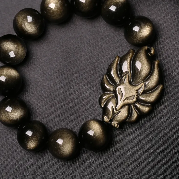 Authentic Round Bead Bracelets Natural Stone Gold Obsidian Strand Fox beads Bracelets Jewelry 8-16mm Nine-Taile pulseras mujer For Men